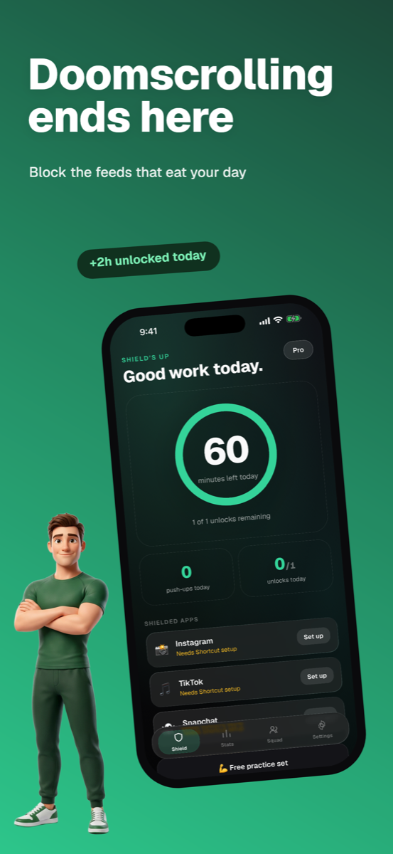 DoomShield home screen: shield up, 60 minutes earned today